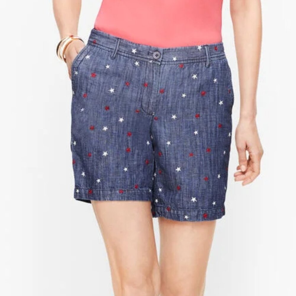 Talbots Relaxed Chino Short Dark Chambray Star Print Women's Size 4 Patriotic